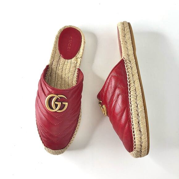 Gucci Shoes - Gucci Marmont GG Hibiscus Red Leather Slip On Mules Espadrille Flats 37